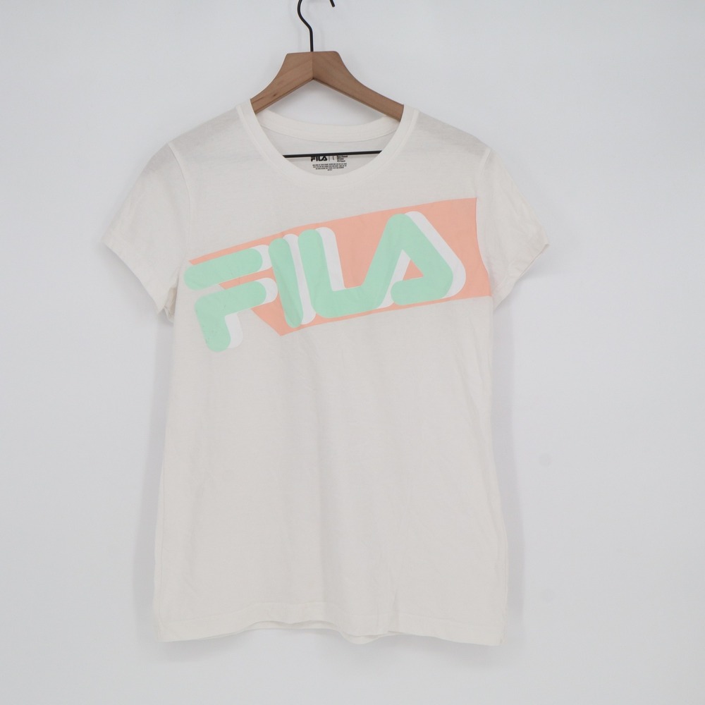 FILA T-Shirt Womens L Graphic Logo White Pastel Short Sleeve Good